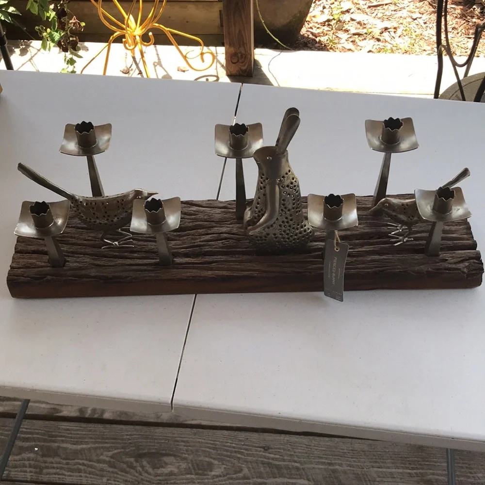 Pottery Barn Rustic Wood with Pierced Metal Bunny and Birds Taper Candle Holder - Picture 2 of 11